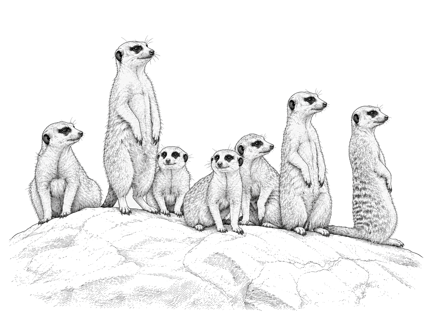 An engraved field-guide plate of a full mob of meerkats keeping watch together on a rock