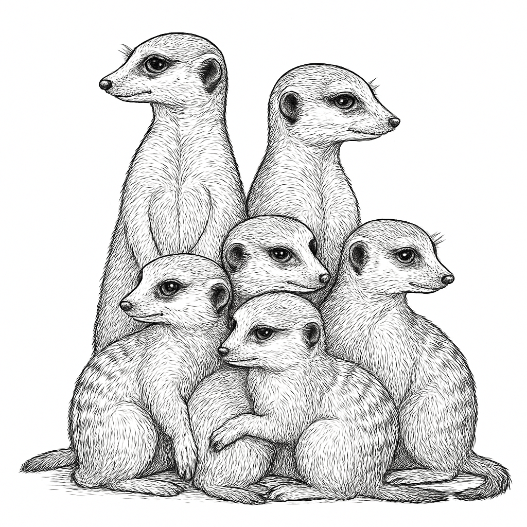 A field-guide plate of a meerkat family huddled close together